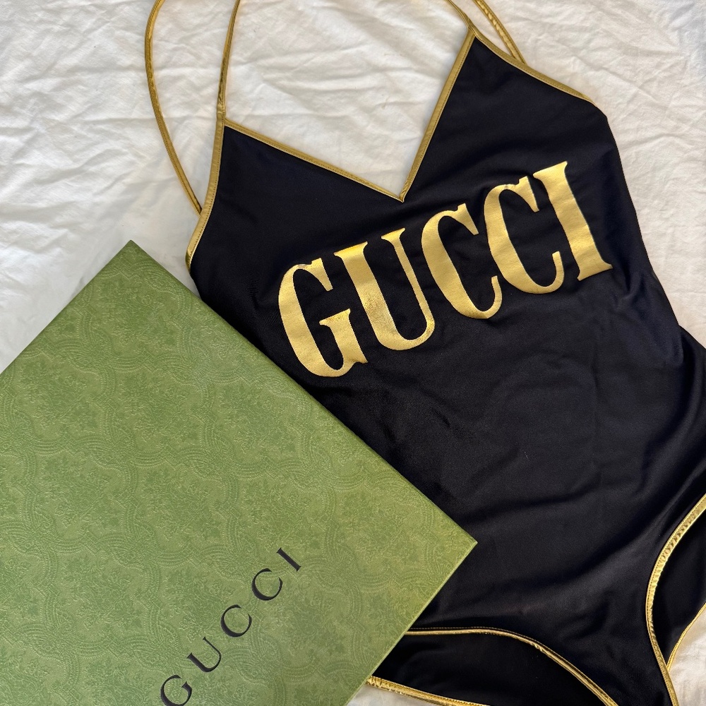 Gucci one piece bathing suit black with gold accents size M